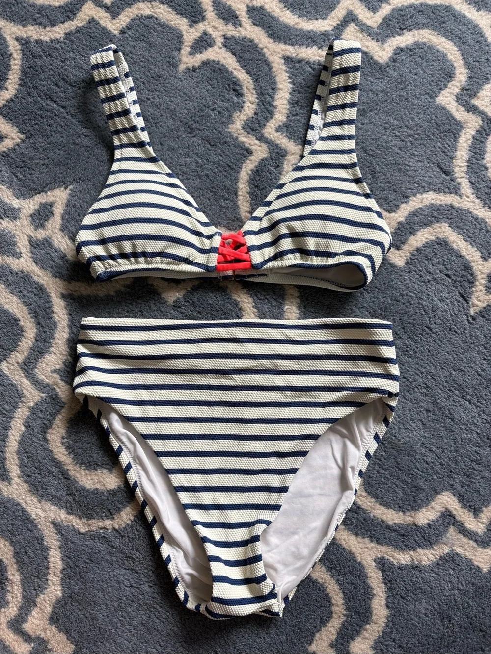 J. Crew Navy and White Striped Bikini with Coral Accent